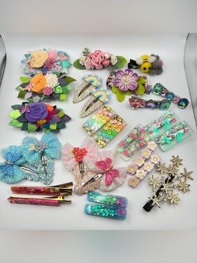 Share Hand Made Hair Bows Clips Barrettes Ribbon Felt Lot of 27